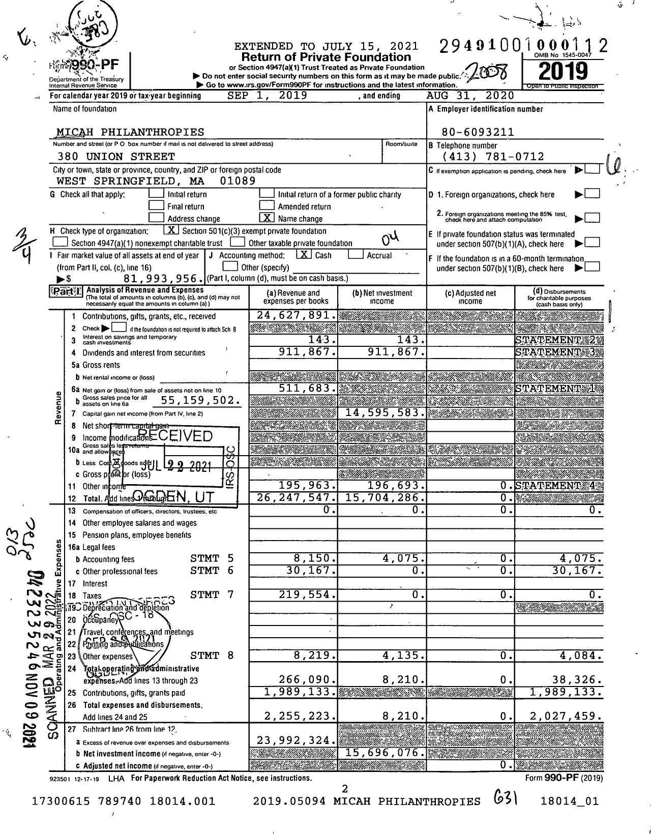 Image of first page of 2019 Form 990PF for Micah Philanthropies