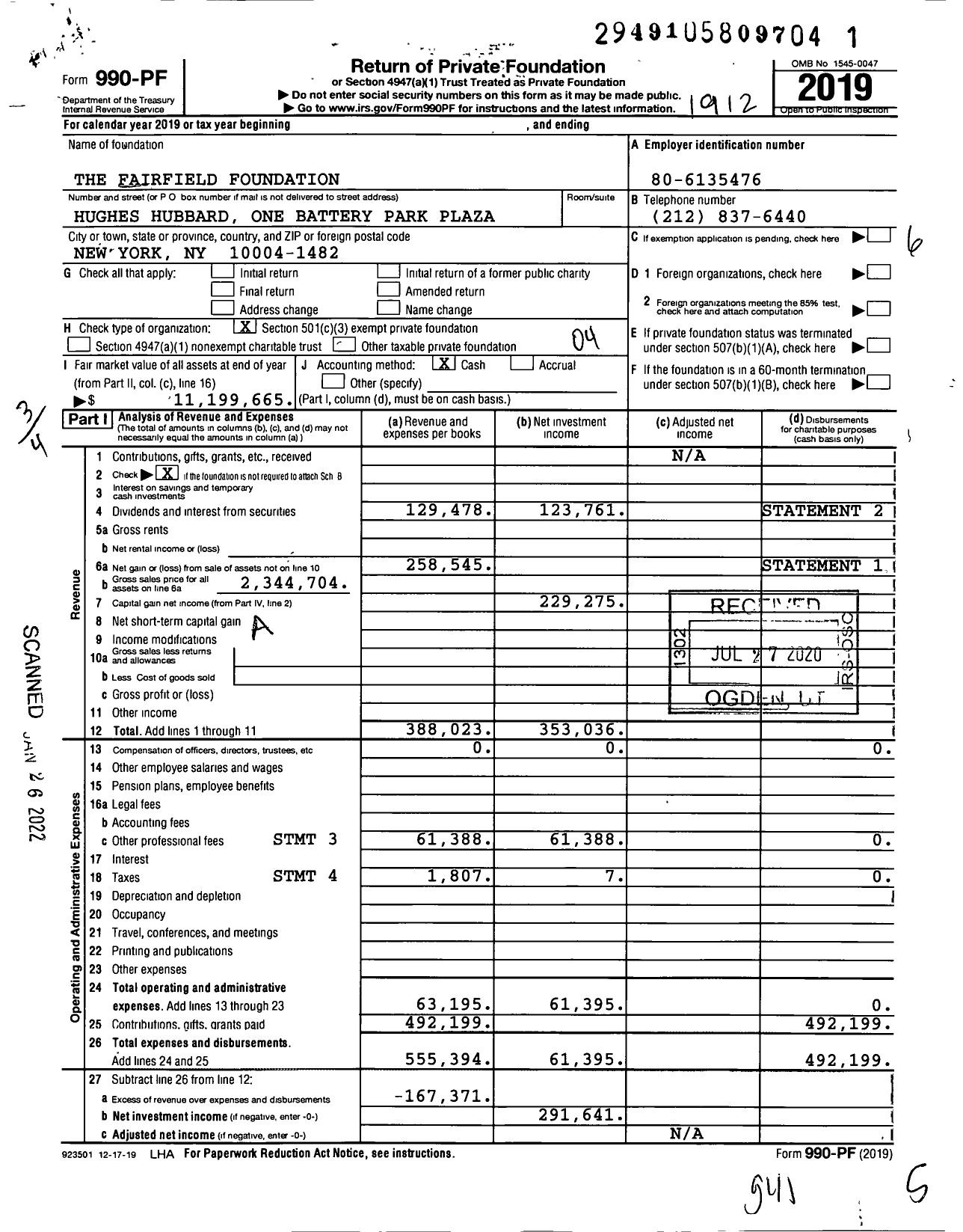 Image of first page of 2019 Form 990PF for The Fairfield Foundation