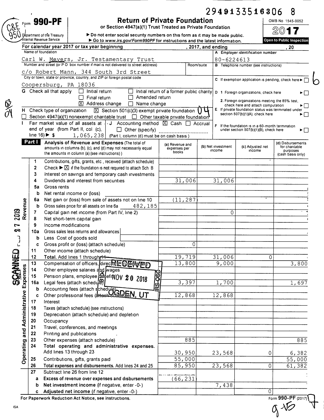 Image of first page of 2017 Form 990PF for Carl W Meyers Jr Testamentary Trust