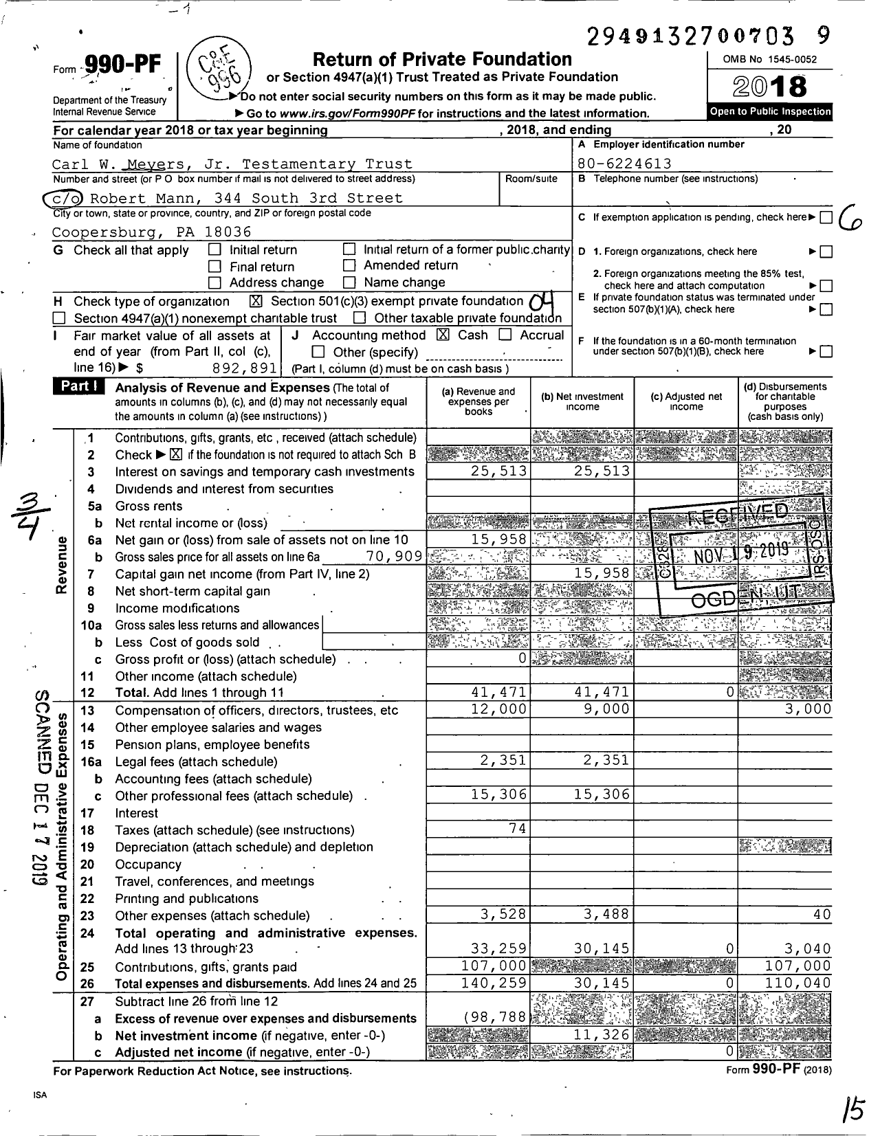 Image of first page of 2018 Form 990PF for Carl W Meyers Jr Testamentary Trust