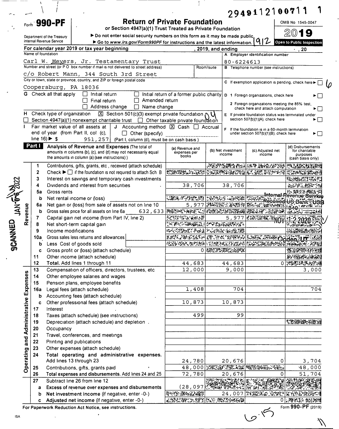 Image of first page of 2019 Form 990PF for Carl W Meyers Jr Testamentary Trust