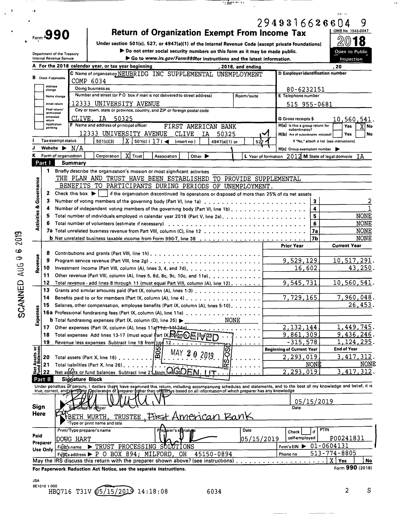 Image of first page of 2018 Form 990O for Neubridg Supplemental Unemployment Compensation Benefit Plan and Trust