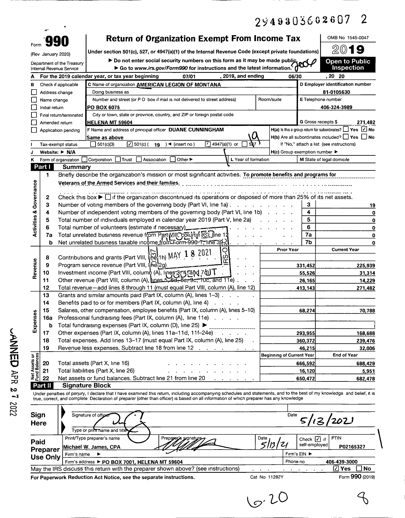 Image of first page of 2019 Form 990O for American Legion - Department of Montana