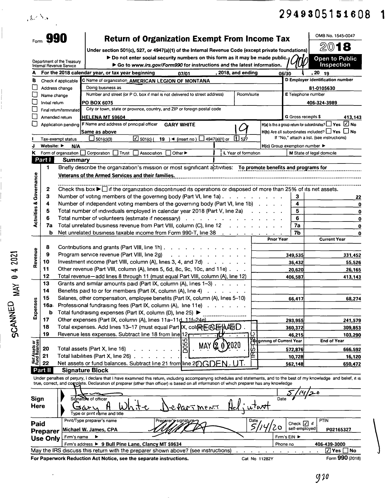 Image of first page of 2018 Form 990O for American Legion - Department of Montana