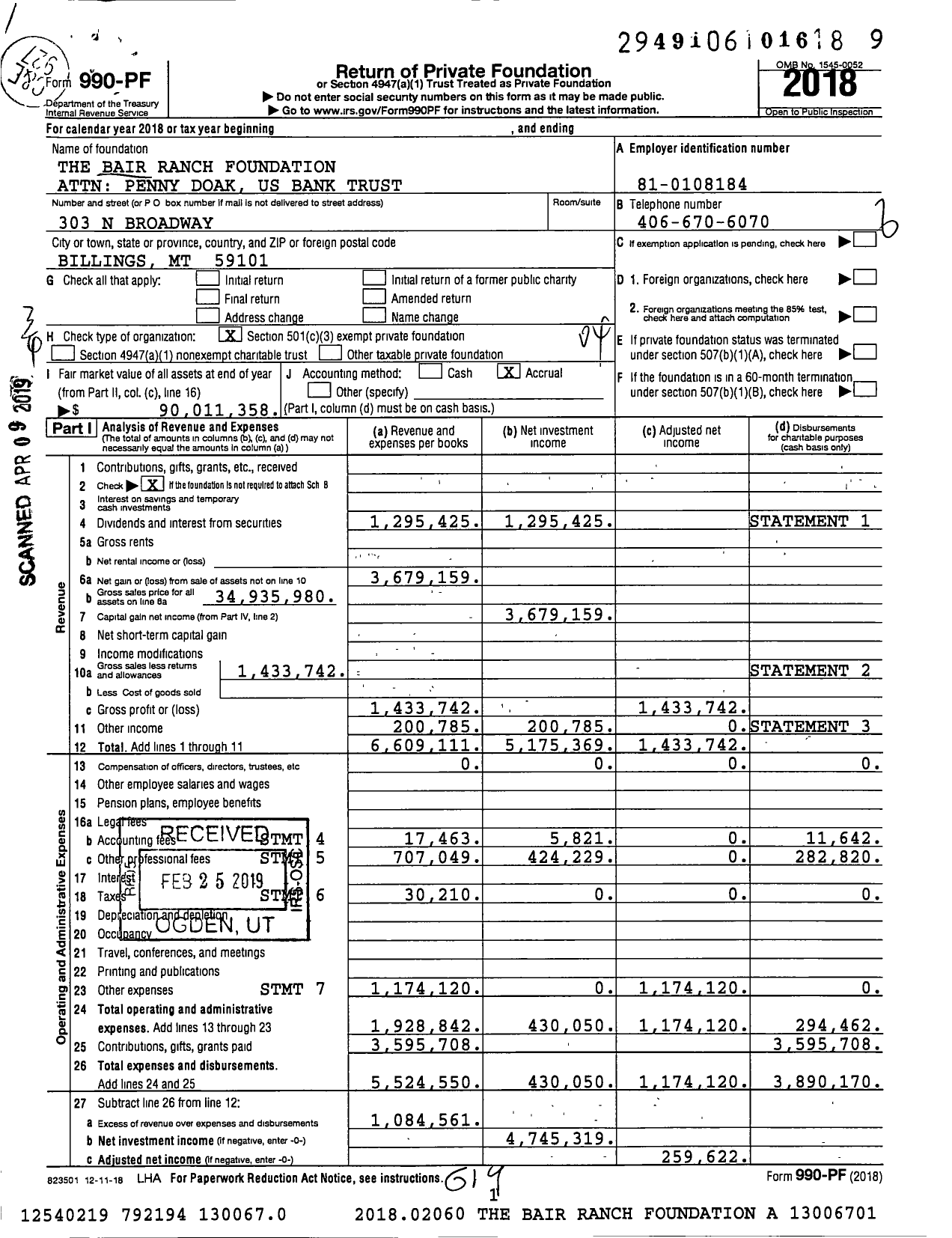 Image of first page of 2018 Form 990PF for The Bair Ranch Foundation