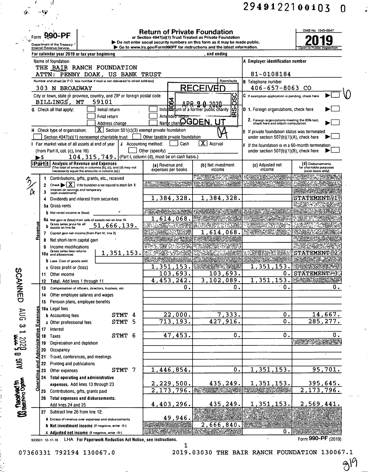 Image of first page of 2019 Form 990PR for The Bair Ranch Foundation