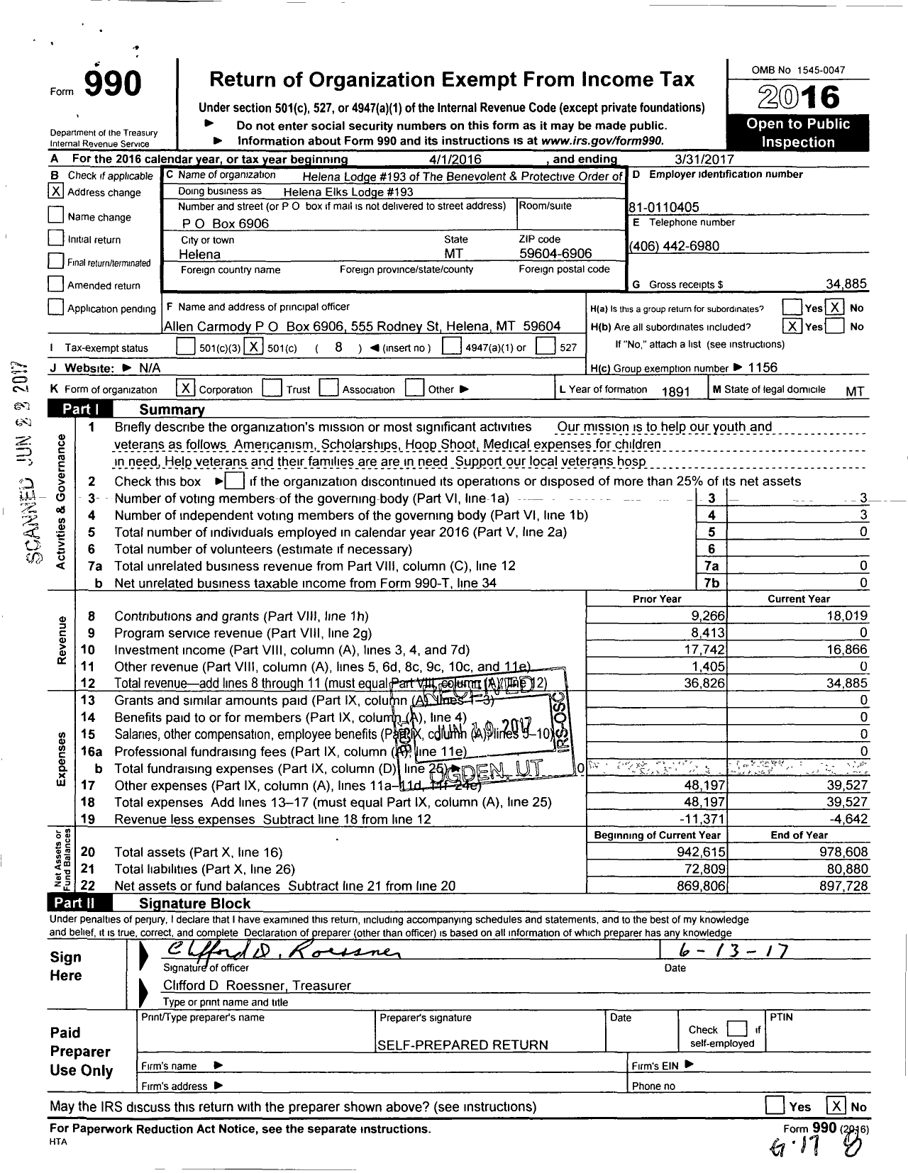 Image of first page of 2016 Form 990O for Helena Elks Lodge #193