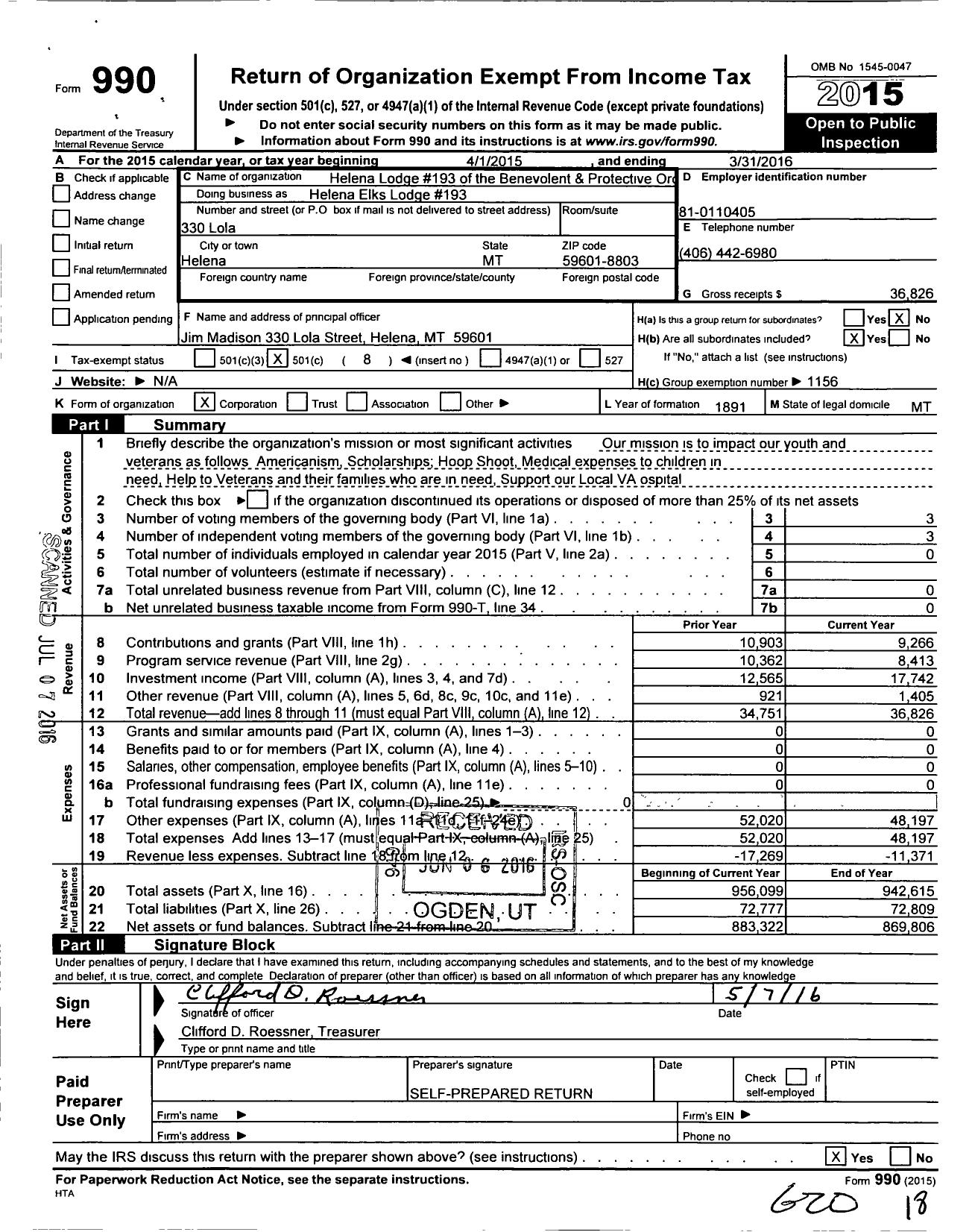 Image of first page of 2015 Form 990O for Helena Elks Lodge #193