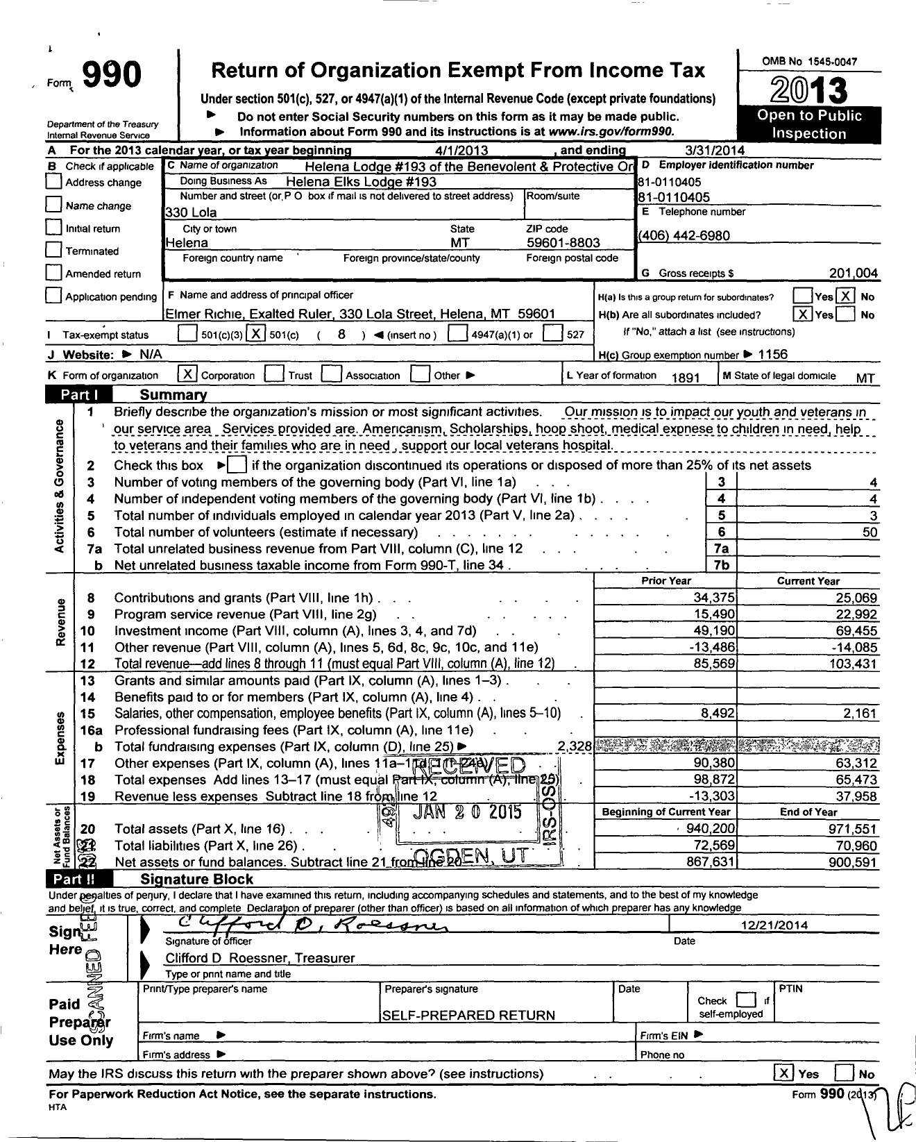 Image of first page of 2013 Form 990O for Helena Elks Lodge #193