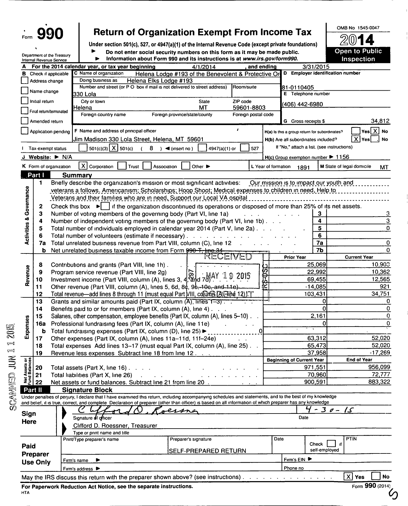 Image of first page of 2014 Form 990O for Helena Elks Lodge #193