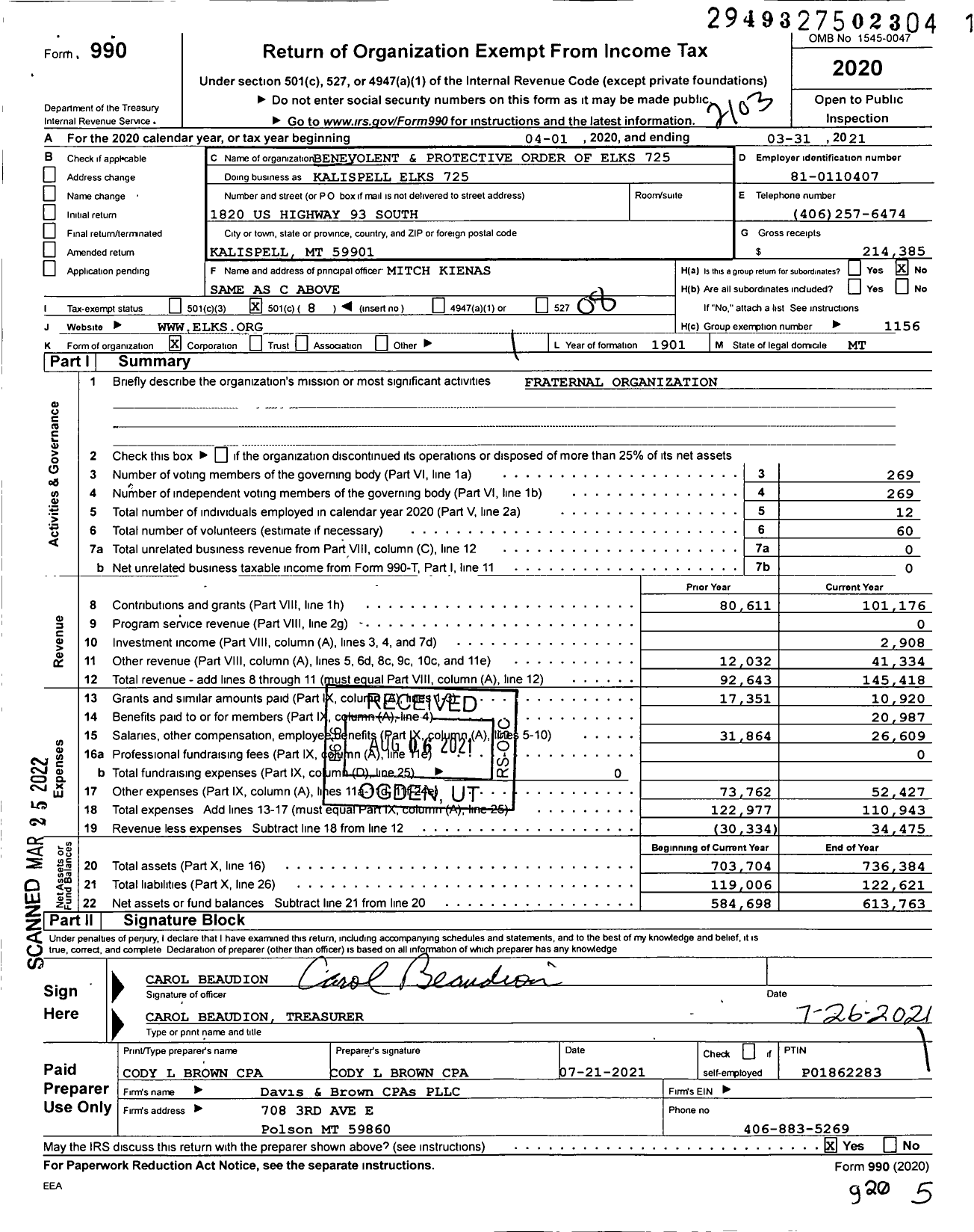 Image of first page of 2020 Form 990O for Kalispell Elks 725