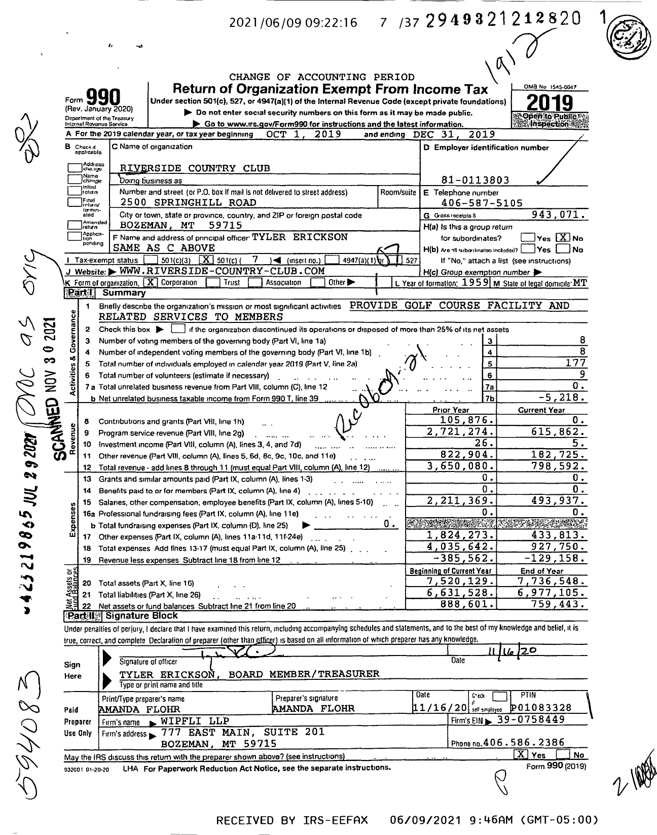 Image of first page of 2019 Form 990O for Riverside Country Club