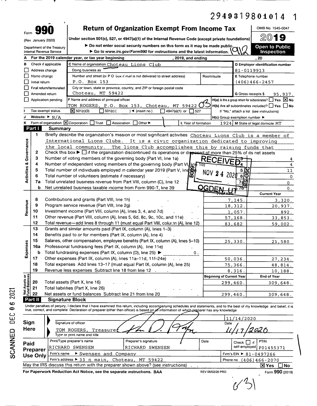 Image of first page of 2019 Form 990 for Lions Clubs - 13052 Choteau