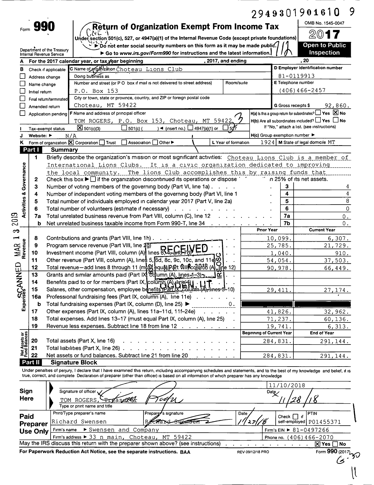 Image of first page of 2017 Form 990 for Lions Clubs - 13052 Choteau