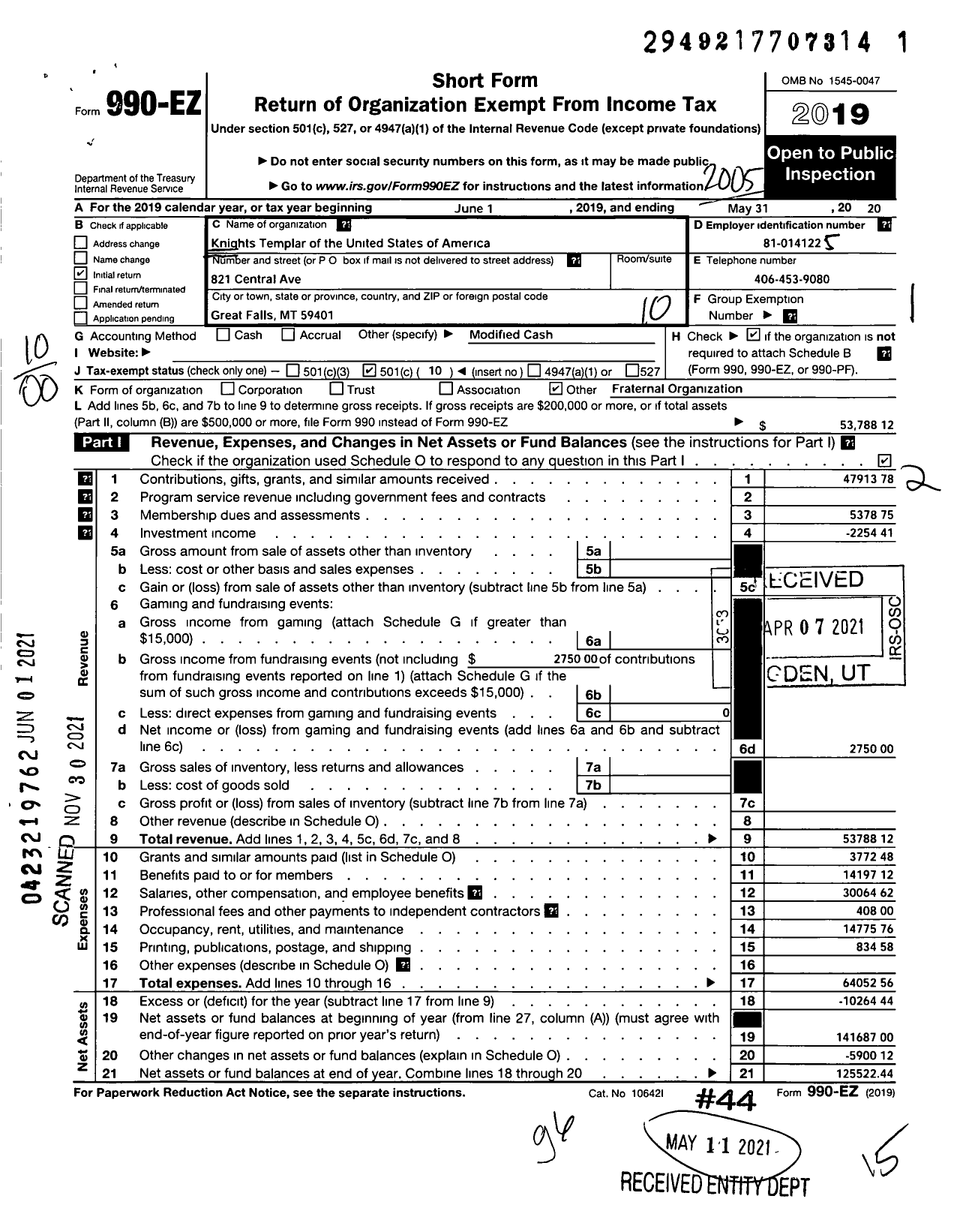 Image of first page of 2019 Form 990EO for Knights Templar - Grand Commandery of Montana