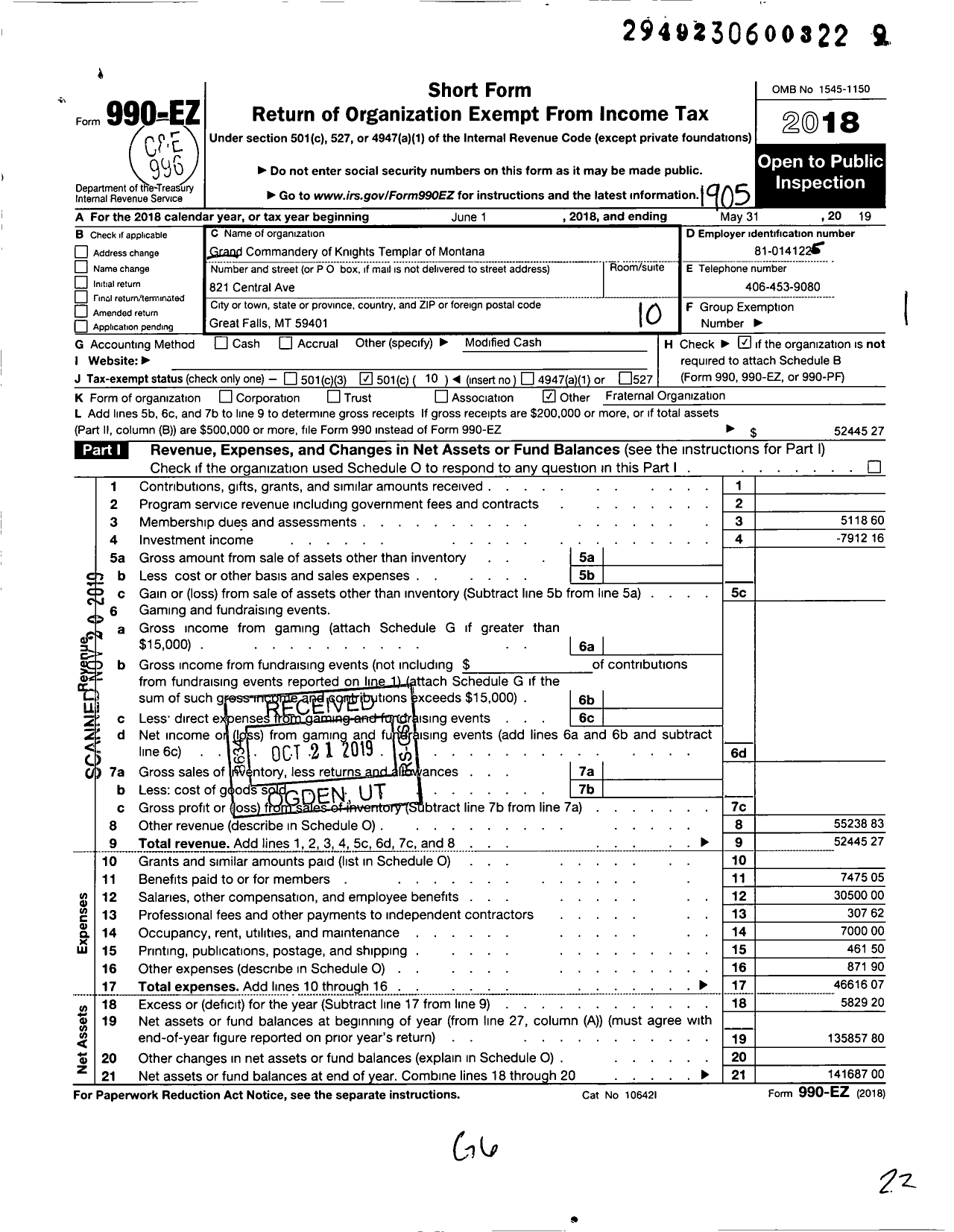 Image of first page of 2018 Form 990EO for Knights Templar - Grand Commandery of Montana