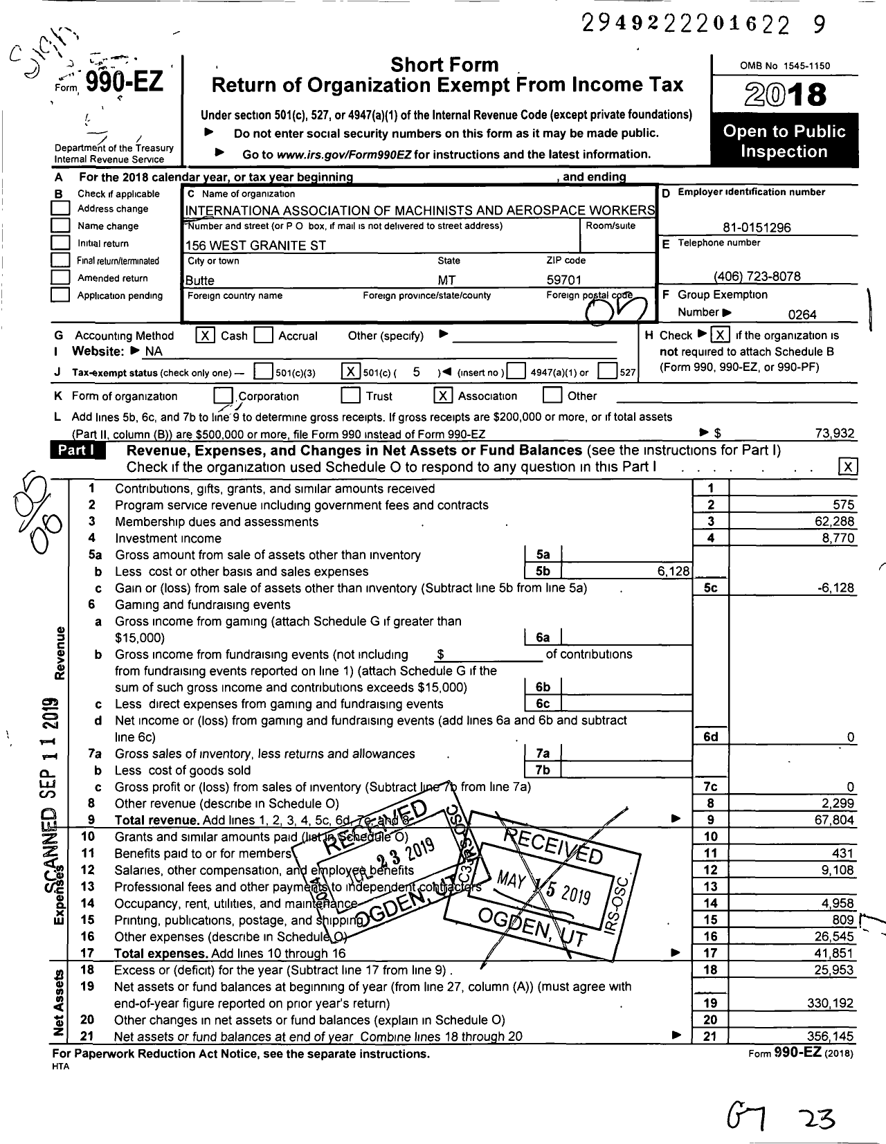 Image of first page of 2018 Form 990EO for International Association of Machinists and Aerospace Workers - Iamaw LL 88