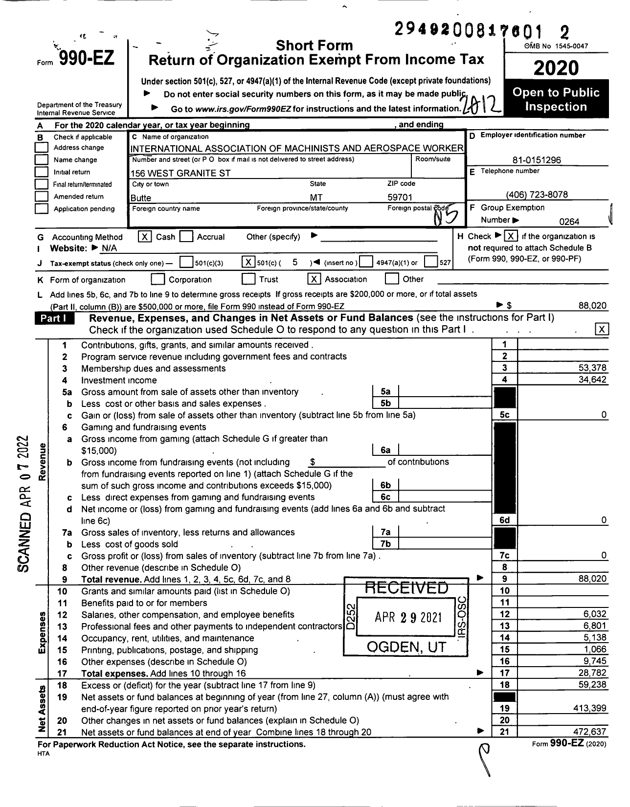 Image of first page of 2020 Form 990EO for International Association of Machinists and Aerospace Workers - Iamaw LL 88