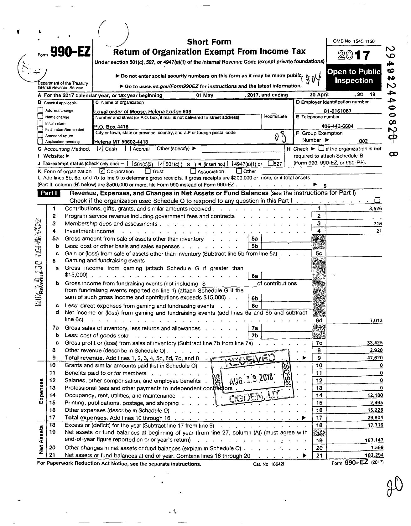 Image of first page of 2017 Form 990EO for Loyal Order of Moose - 639