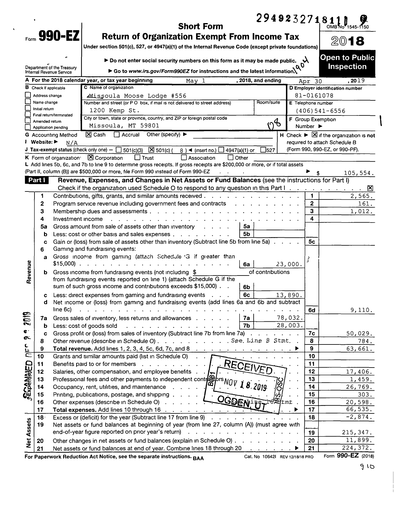 Image of first page of 2018 Form 990EO for Missoula Moose Lodge 556