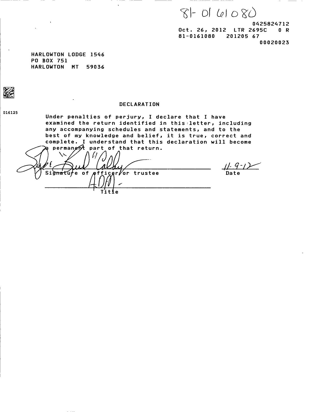 Image of first page of 2011 Form 990EOR for Harlowton Lodge No 1546 Loyal Order of Moose