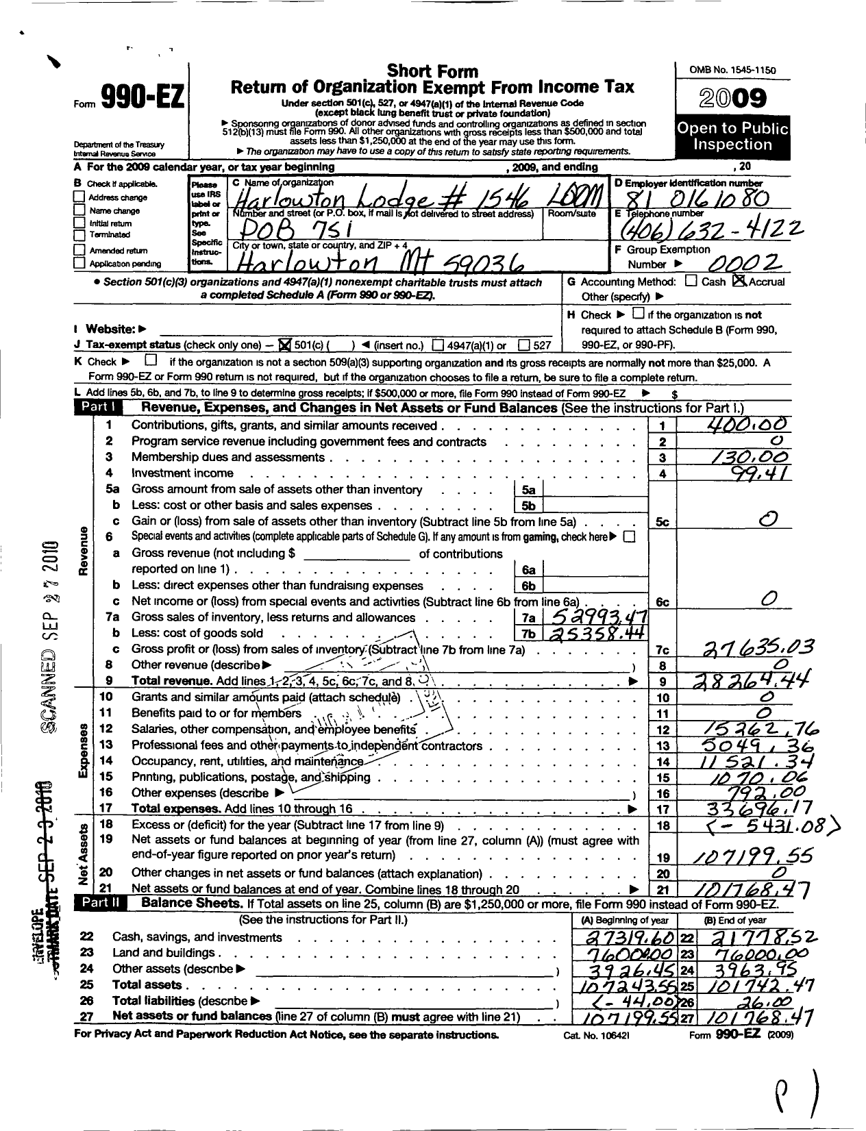 Image of first page of 2009 Form 990EO for Harlowton Lodge No 1546 Loyal Order of Moose