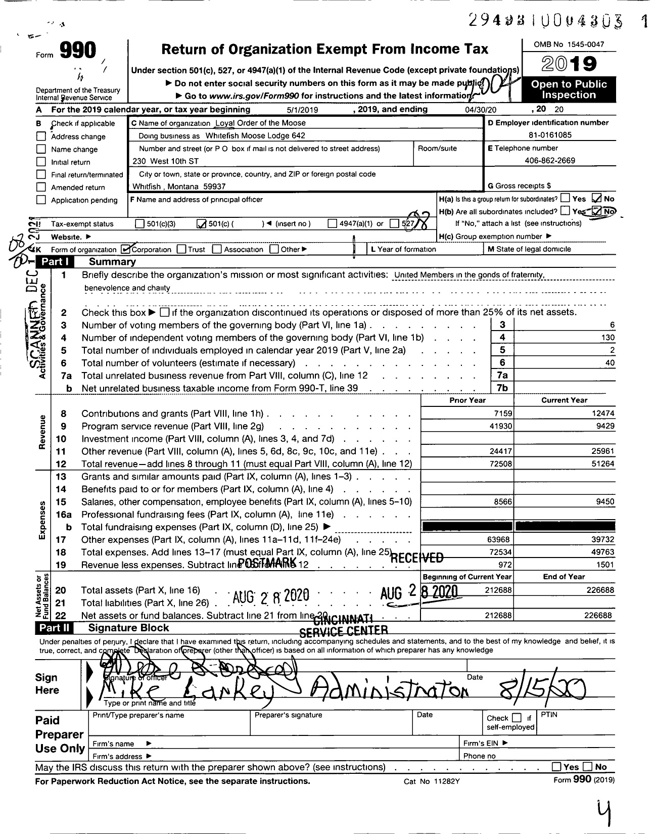 Image of first page of 2019 Form 990O for Loyal Order of Moose - Fraternal Origanization