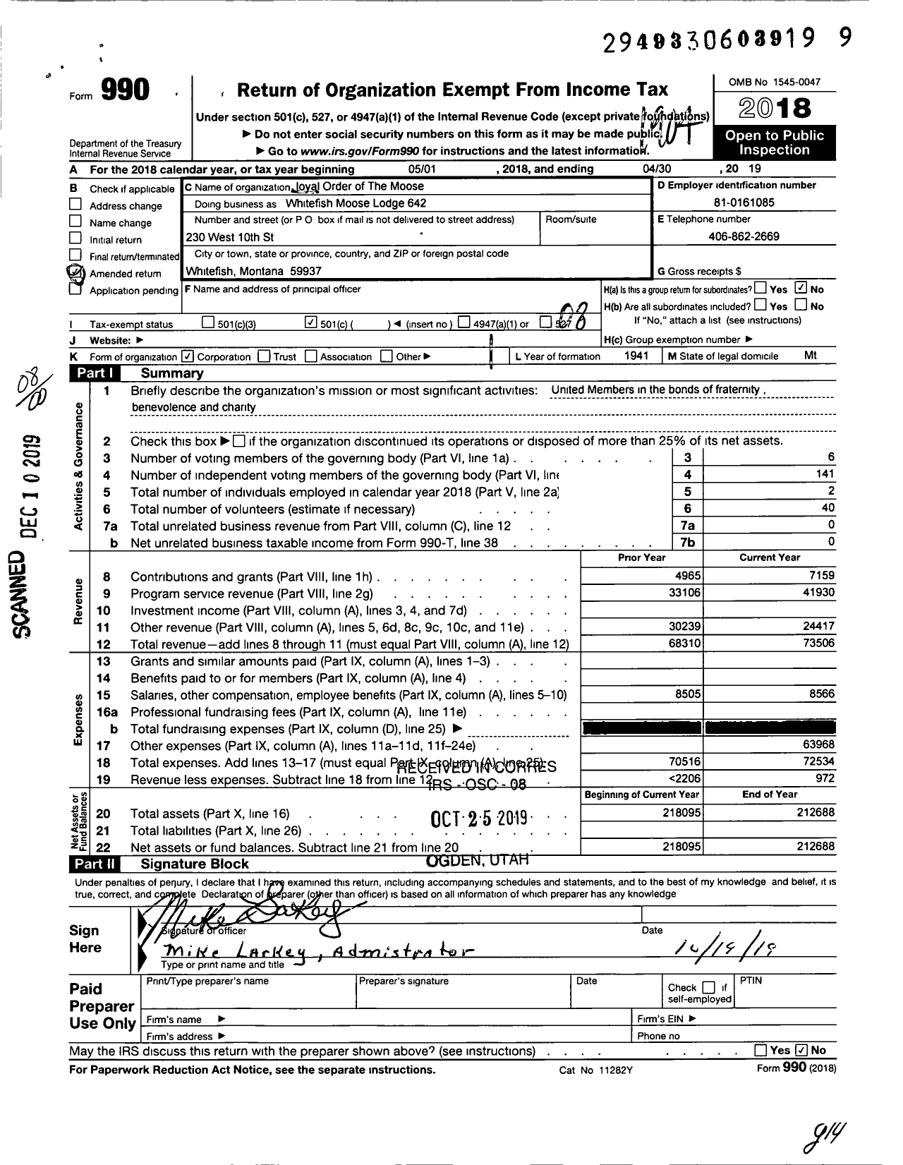 Image of first page of 2018 Form 990O for Loyal Order of Moose - Fraternal Origanization