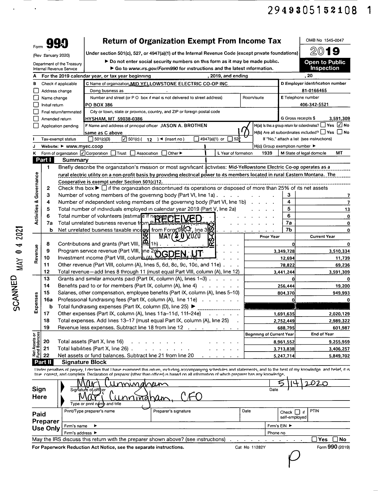 Image of first page of 2019 Form 990O for Mid Yellowstone Electric Co-Op