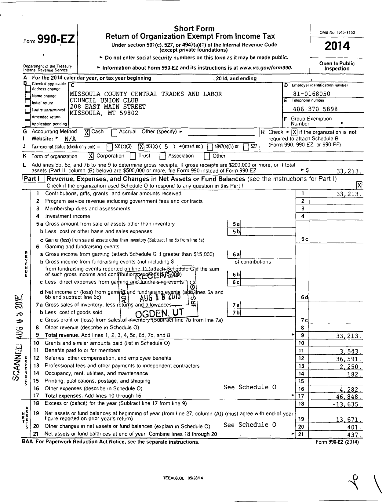 Image of first page of 2014 Form 990EO for American Federation of Labor and Congress of Industrial Orgs / Missoula Area CLC