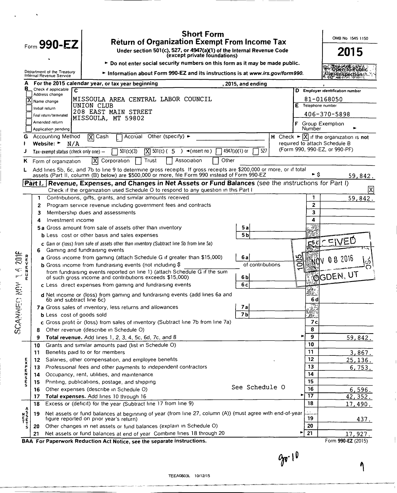 Image of first page of 2015 Form 990EO for American Federation of Labor and Congress of Industrial Orgs / Missoula Area CLC