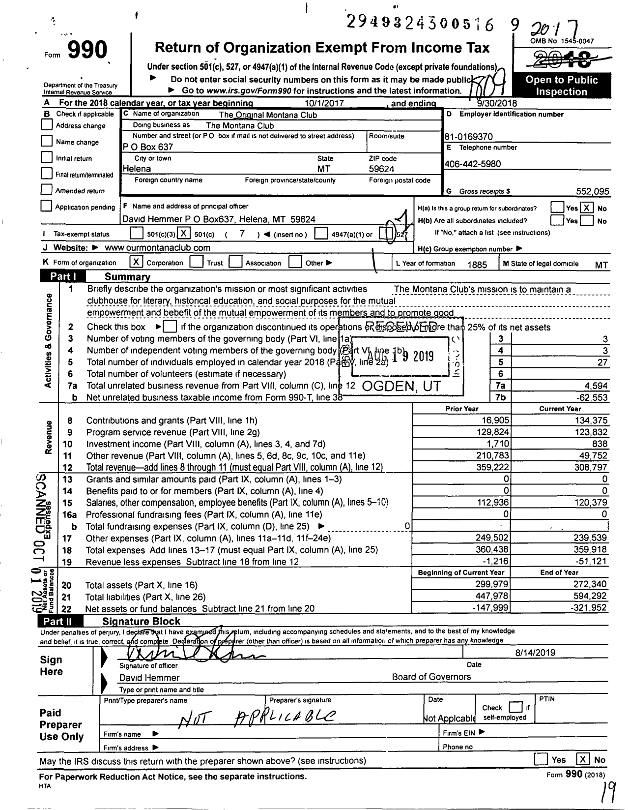 Image of first page of 2017 Form 990O for The Montana Club