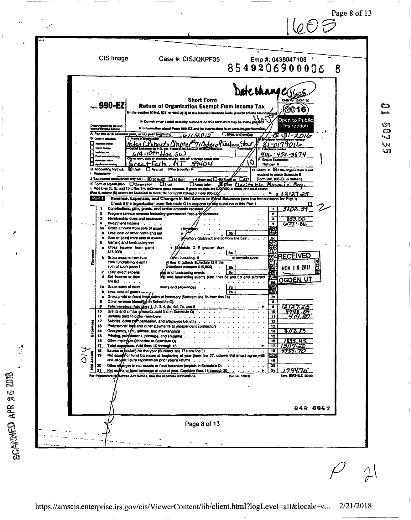 Image of first page of 2015 Form 990EZ for Order of Eastern Star of Montana - 71 Helen C Roberts Chapter