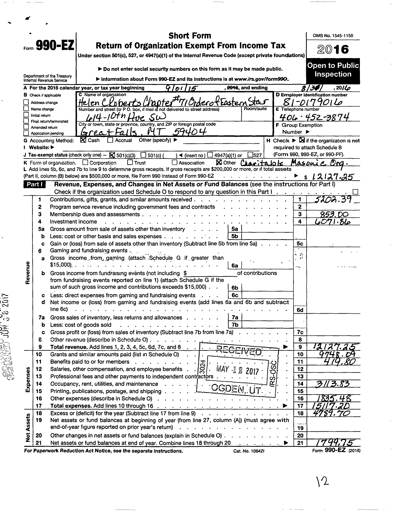 Image of first page of 2015 Form 990EZ for Order of Eastern Star of Montana - 71 Helen C Roberts Chapter