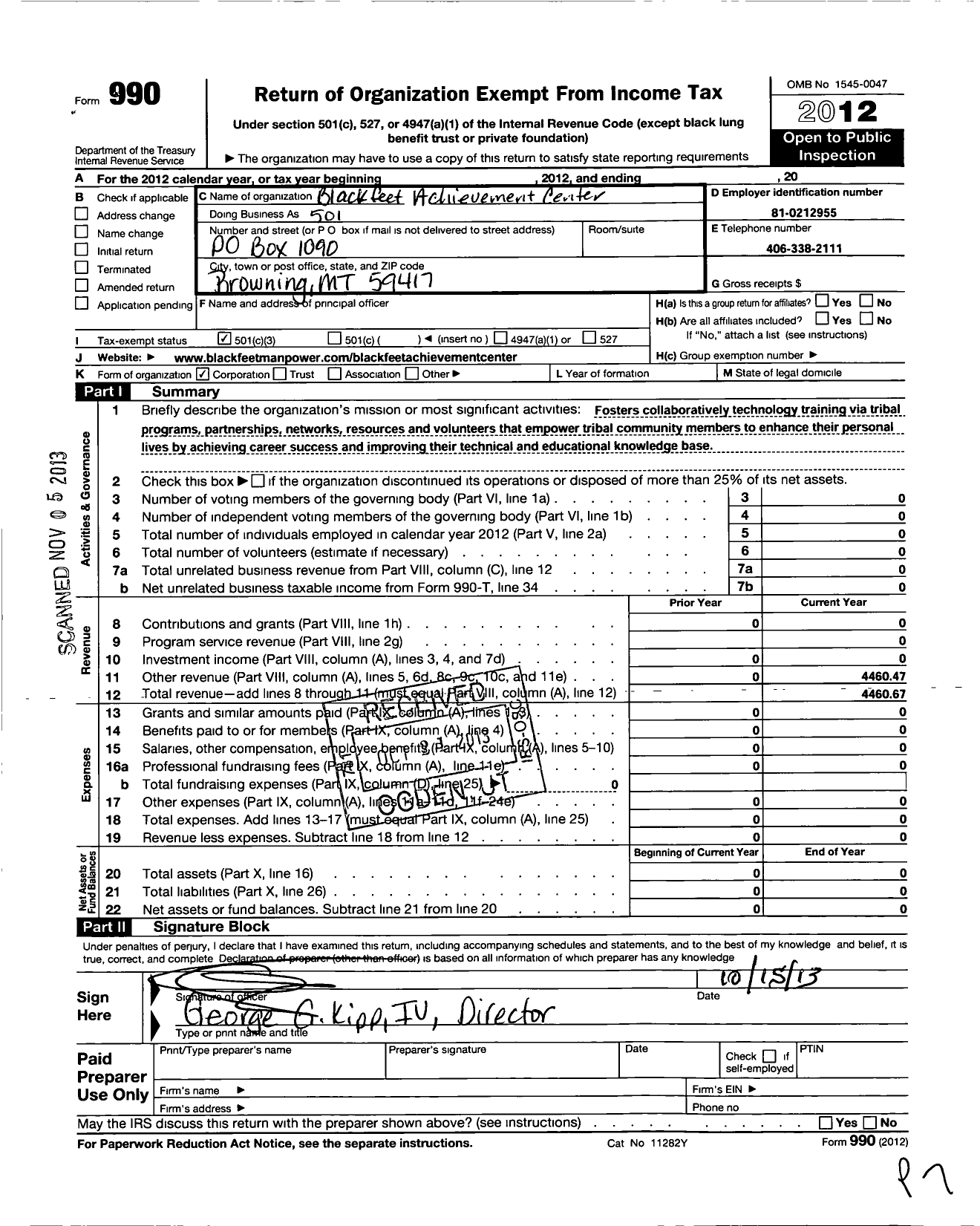 Image of first page of 2012 Form 990 for Blackfeet Achievement Center