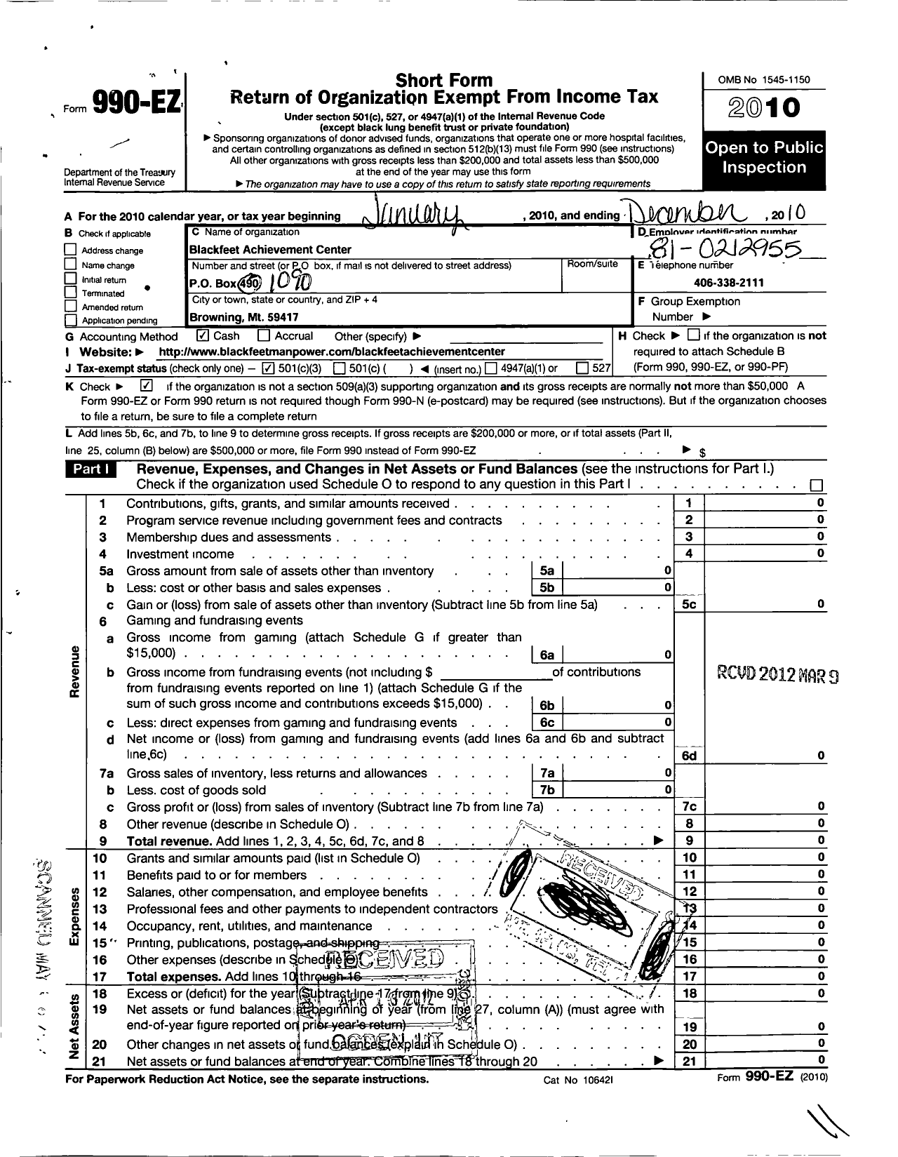 Image of first page of 2010 Form 990EZ for Blackfeet Achievement Center