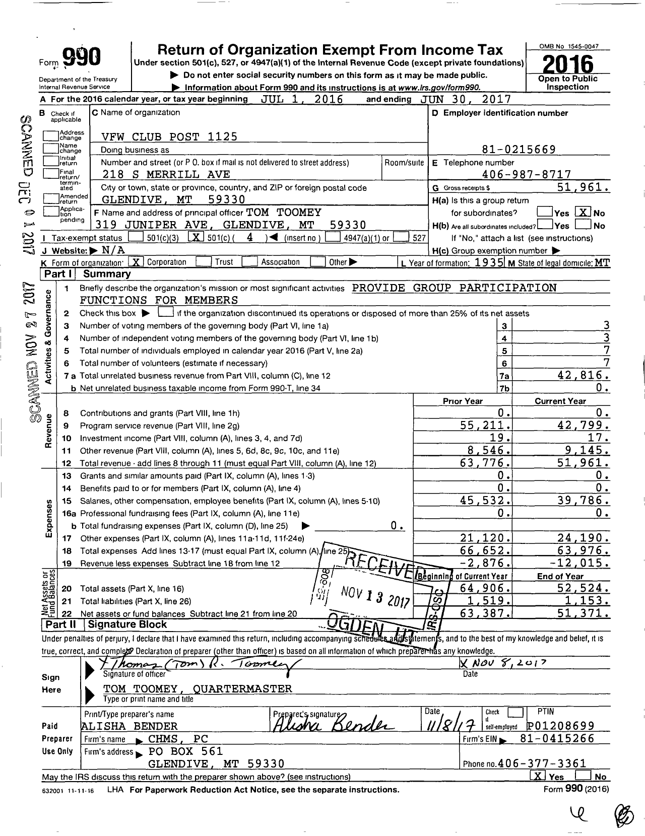 Image of first page of 2016 Form 990O for VFW Club Post 1125