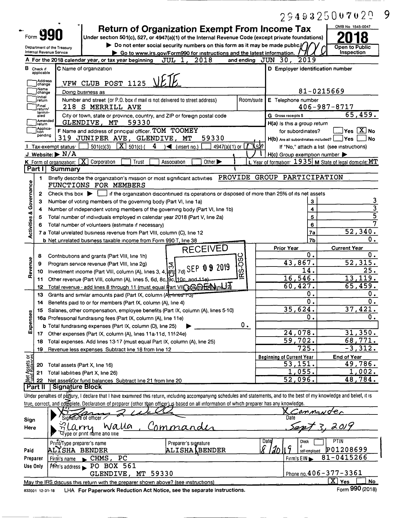 Image of first page of 2018 Form 990O for VFW Club Post 1125