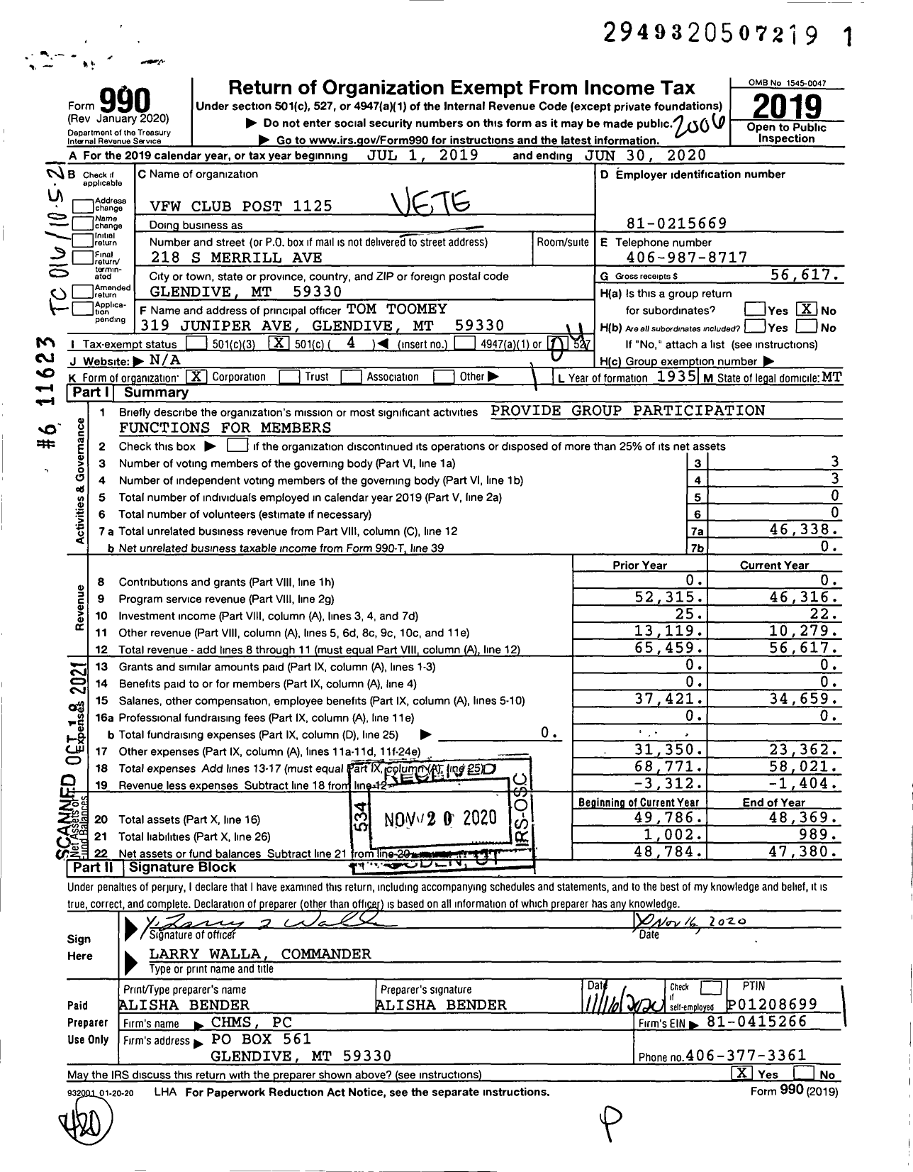 Image of first page of 2019 Form 990O for VFW Club Post 1125