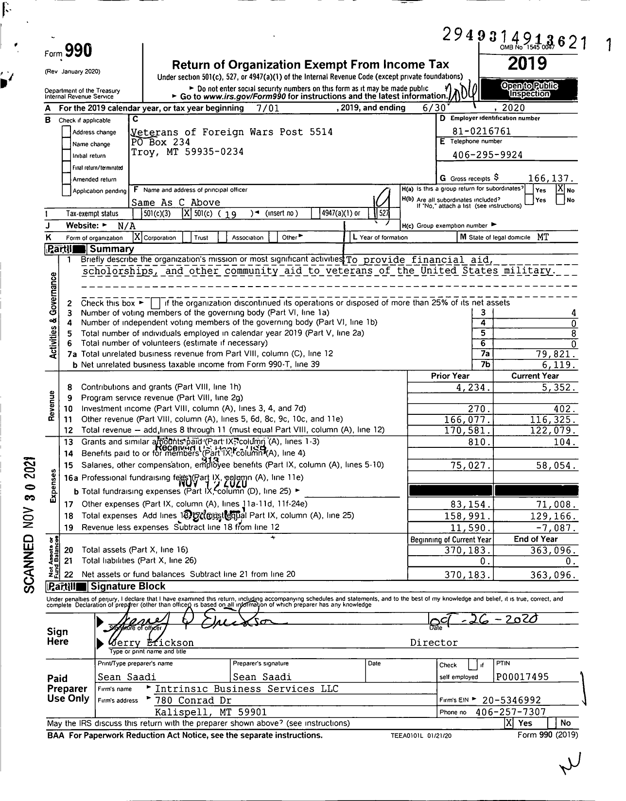 Image of first page of 2019 Form 990O for Department of Montana Veterans of Foreign Wars of the United States - 5514 John E Freeman Post VFW-MT