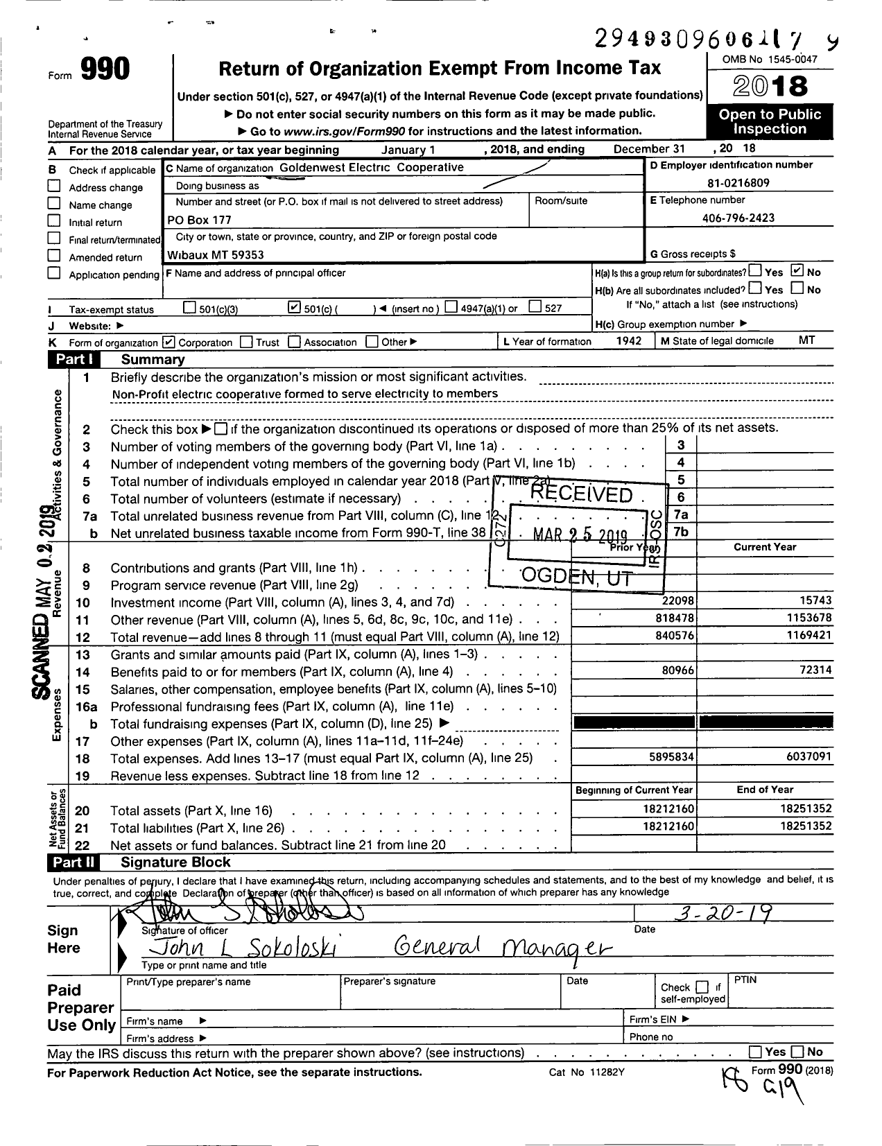 Image of first page of 2018 Form 990O for Goldenwest Electric Cooperative