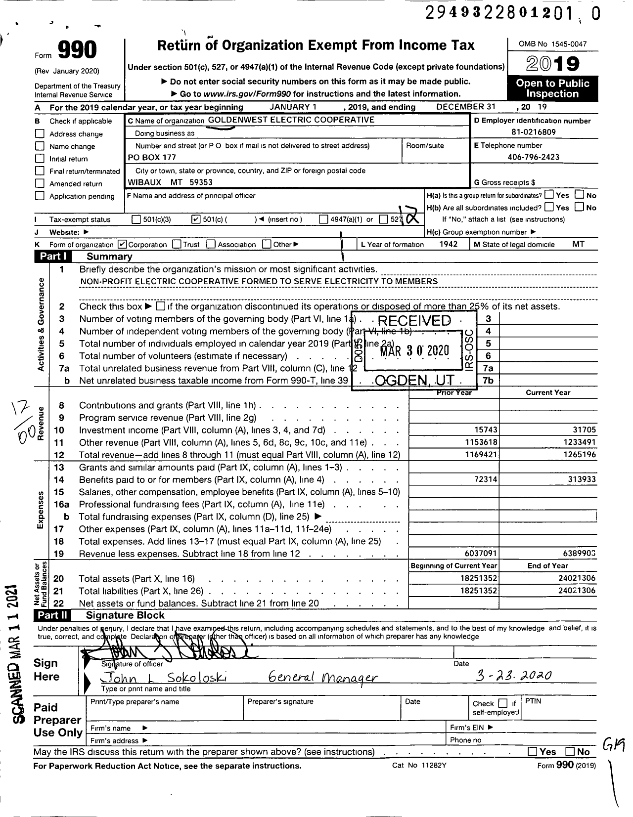 Image of first page of 2019 Form 990O for Goldenwest Electric Cooperative