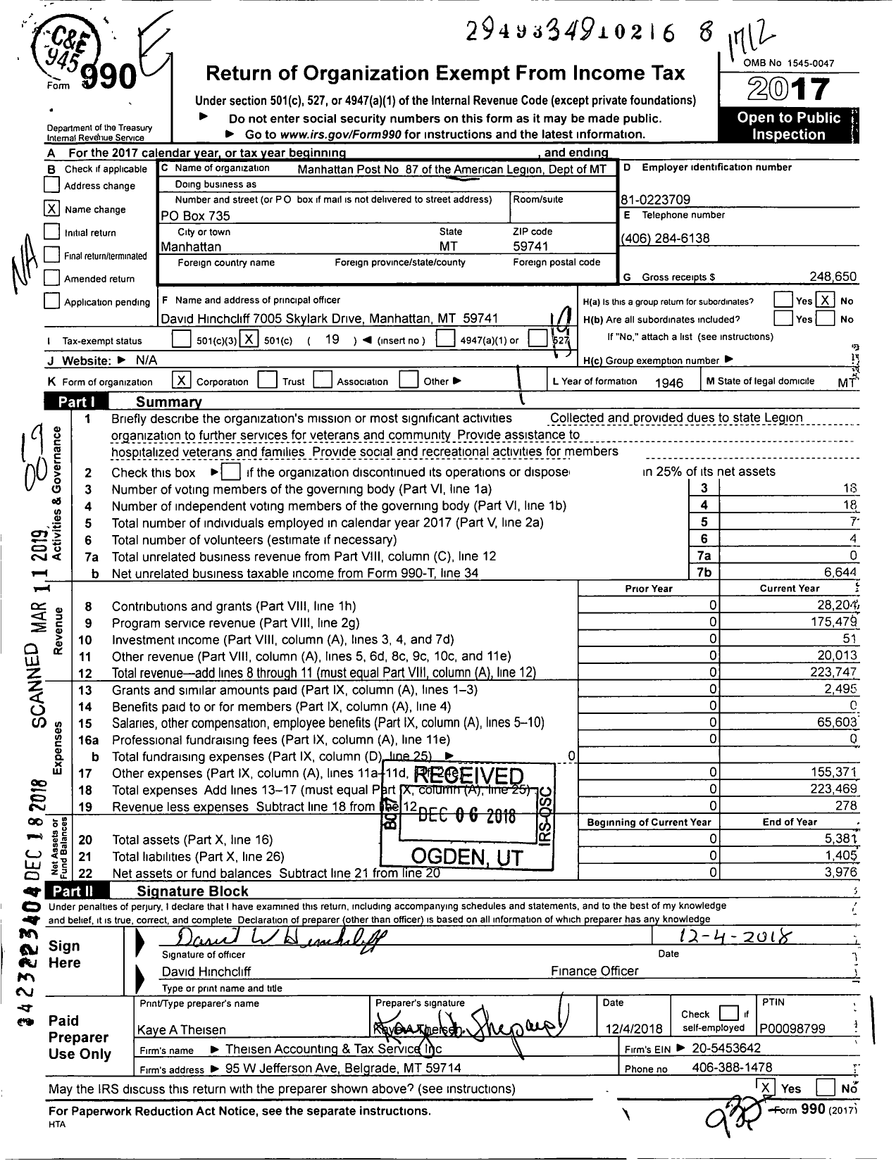 Image of first page of 2017 Form 990O for American Legion - 87 Manhattan