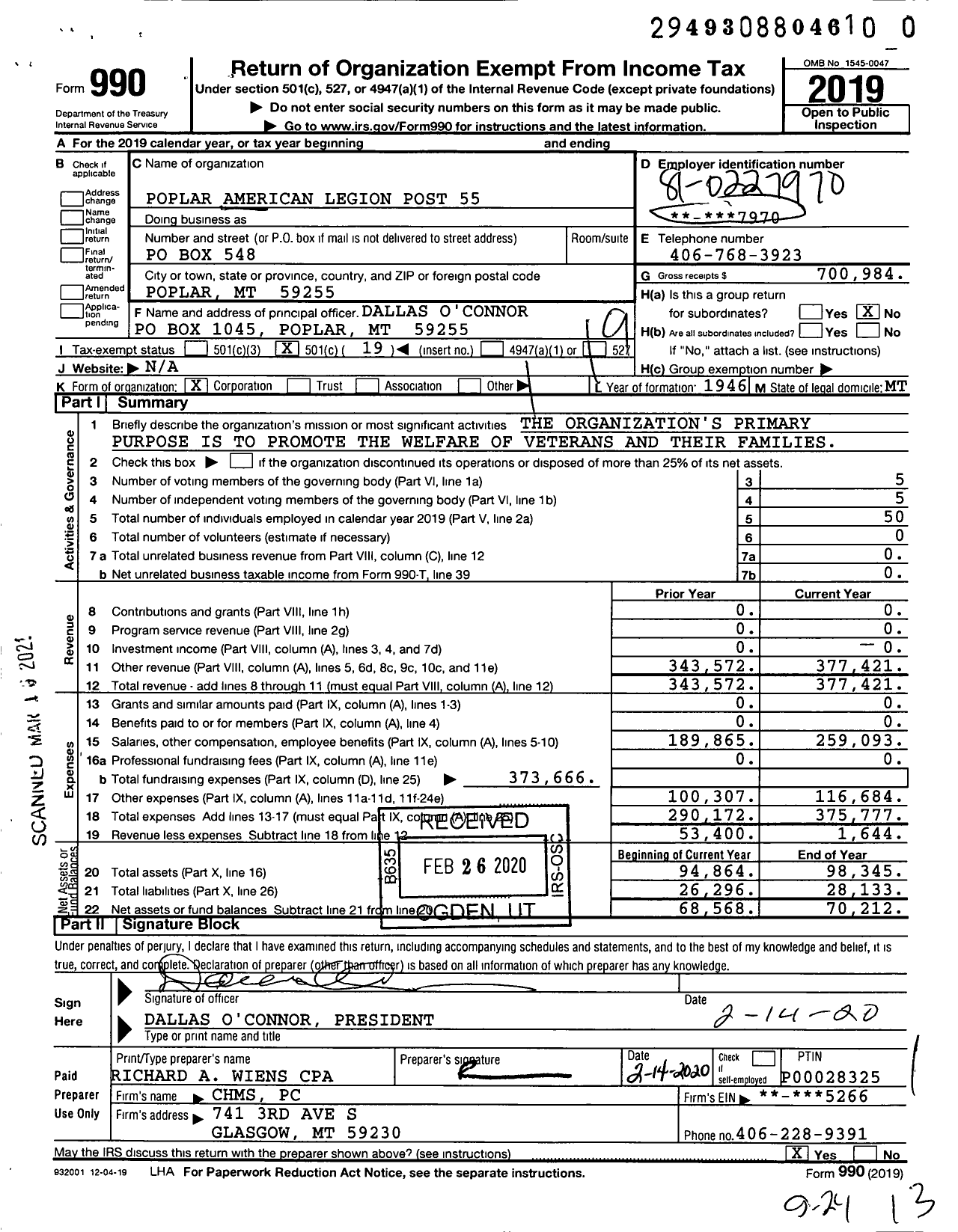 Image of first page of 2019 Form 990O for American Legion - 55 Poplar American Legion Post