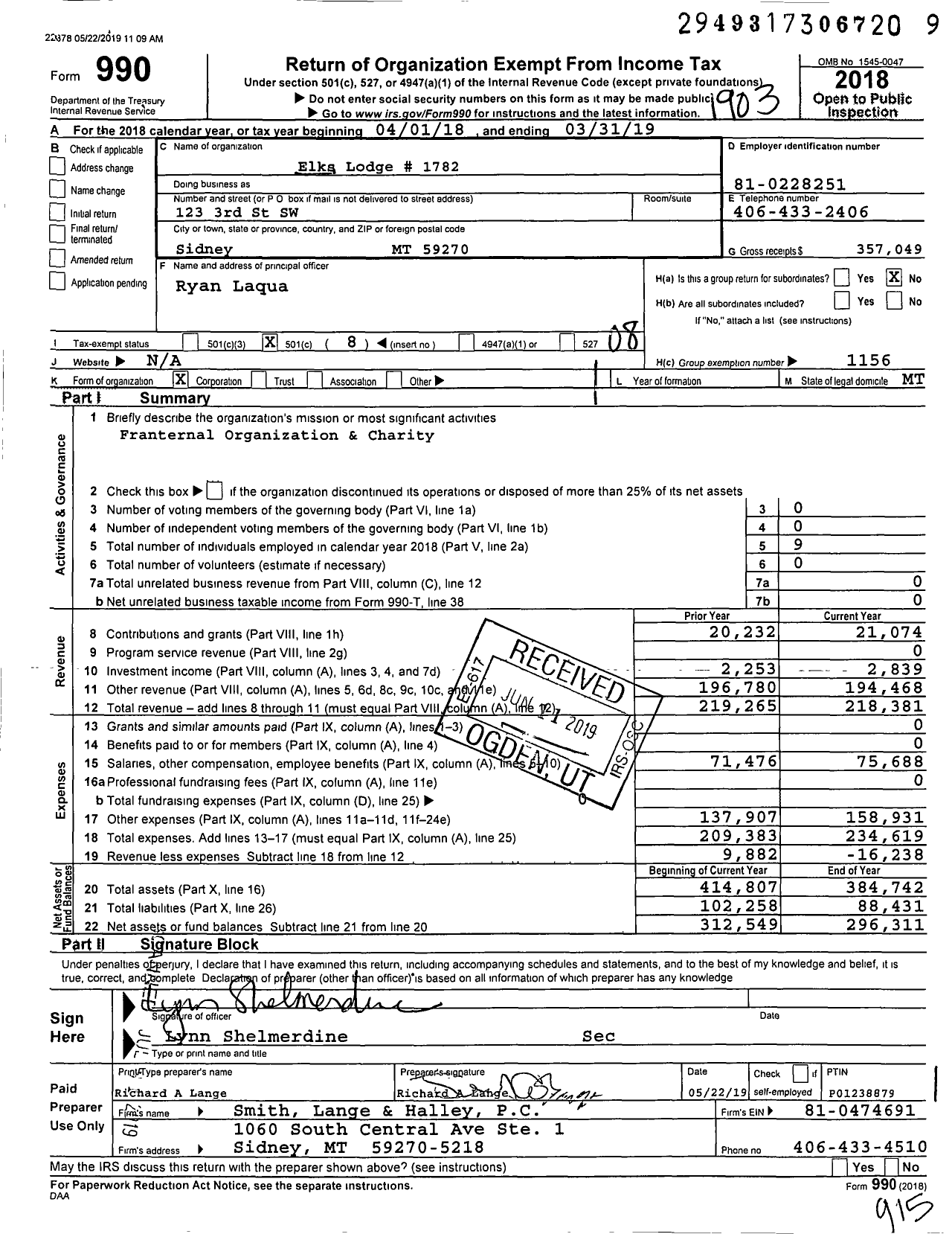 Image of first page of 2018 Form 990O for Benevolent and Protective Order of Elks - 1782 Sidney