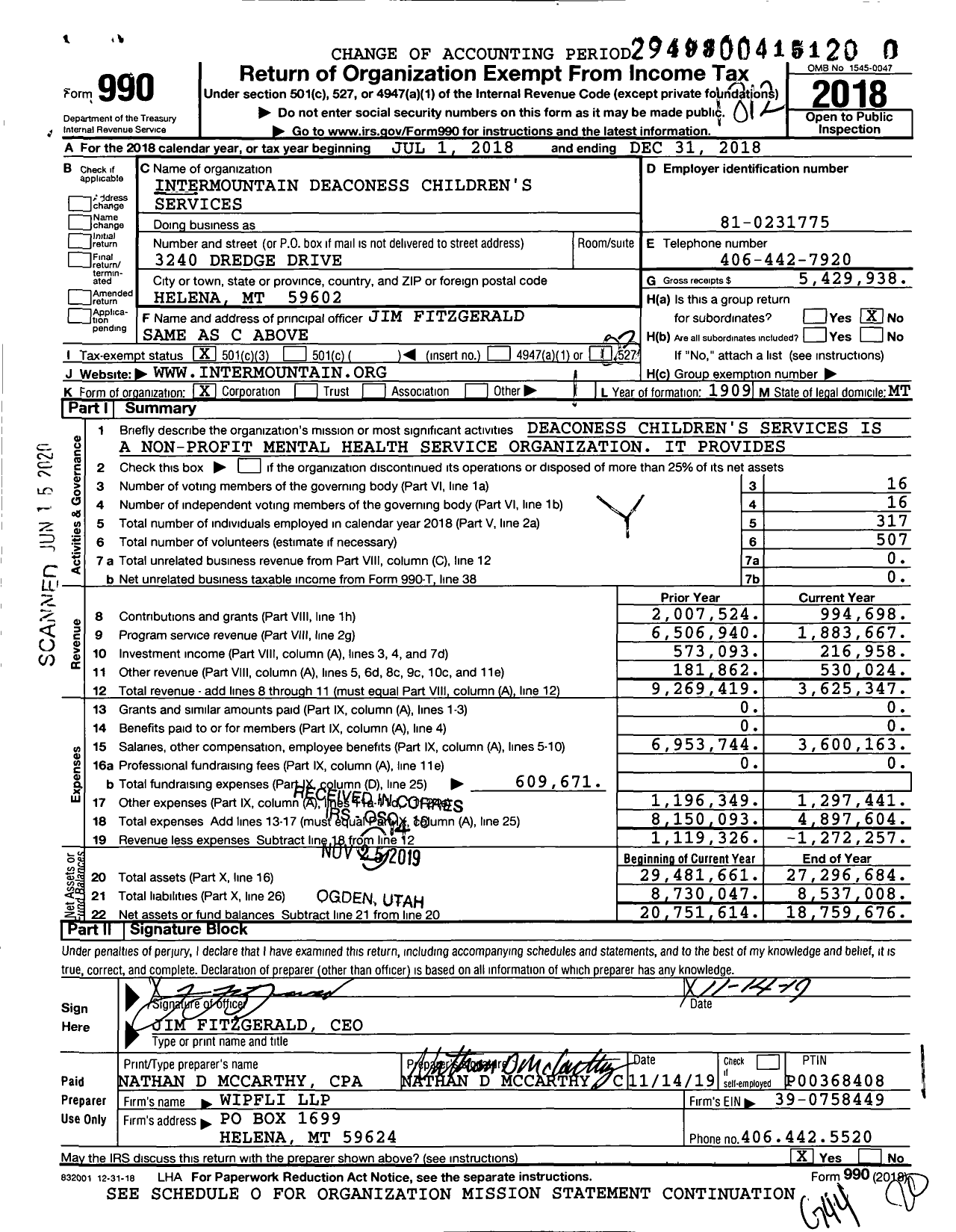 Image of first page of 2018 Form 990 for Intermountain Deaconess Children's Services