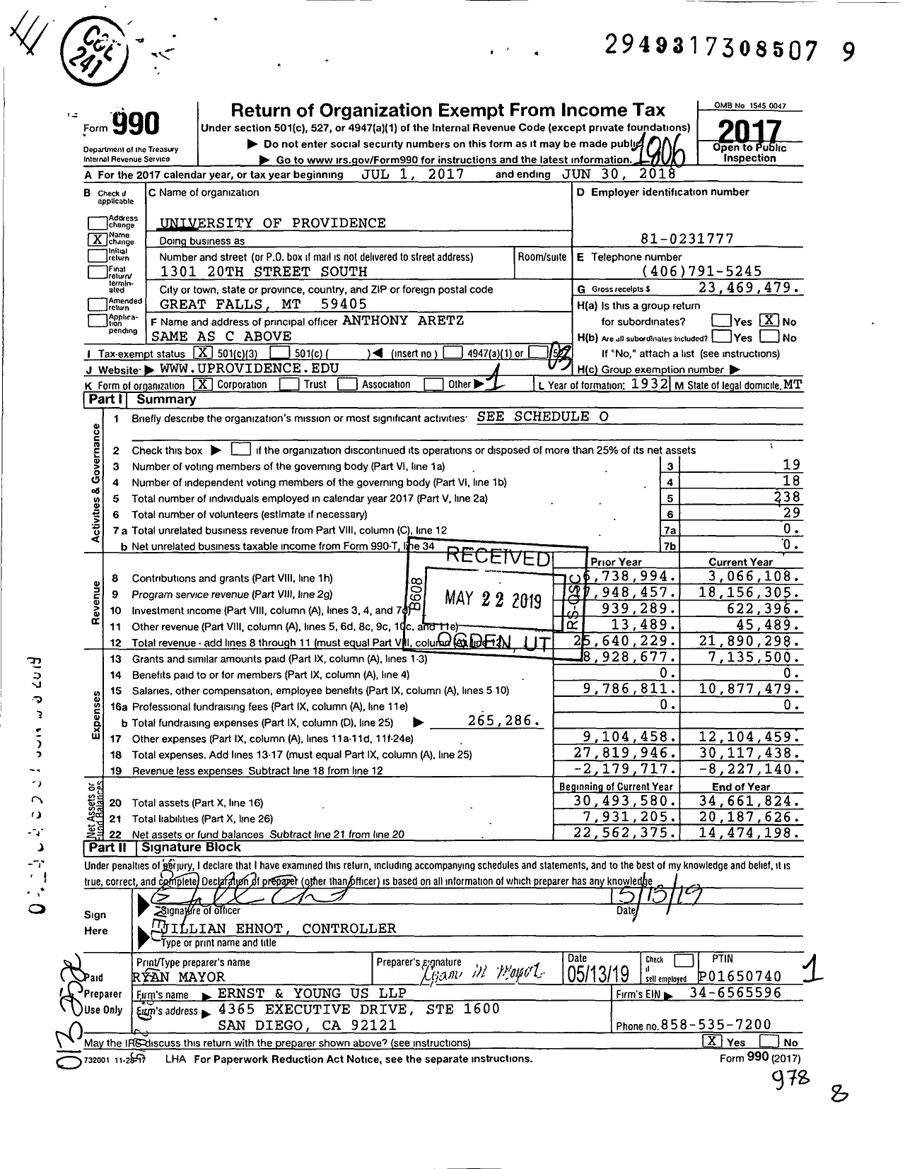 Image of first page of 2017 Form 990 for University of Providence (UP)
