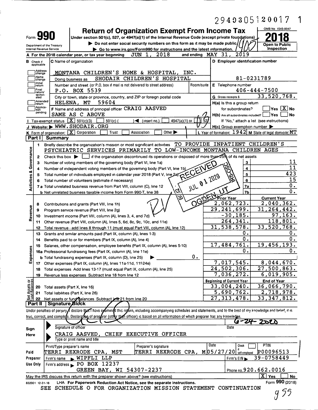 Image of first page of 2018 Form 990 for Montana Children's Home and Hospital