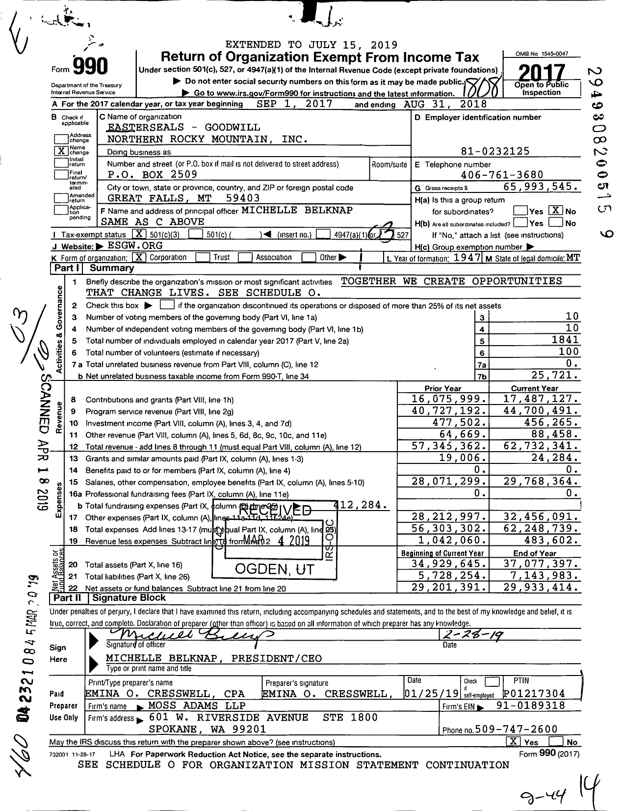 Image of first page of 2017 Form 990 for Easterseals - Goodwill Northern Rocky Mountain