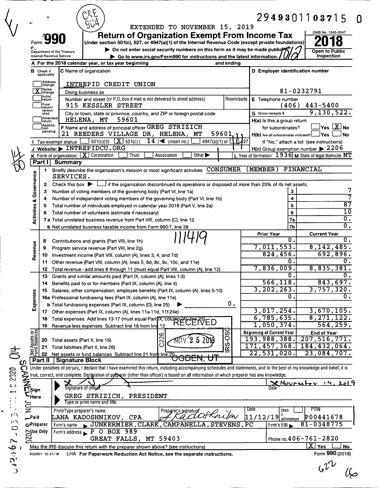 Image of first page of 2018 Form 990O for Intrepid Credit Union